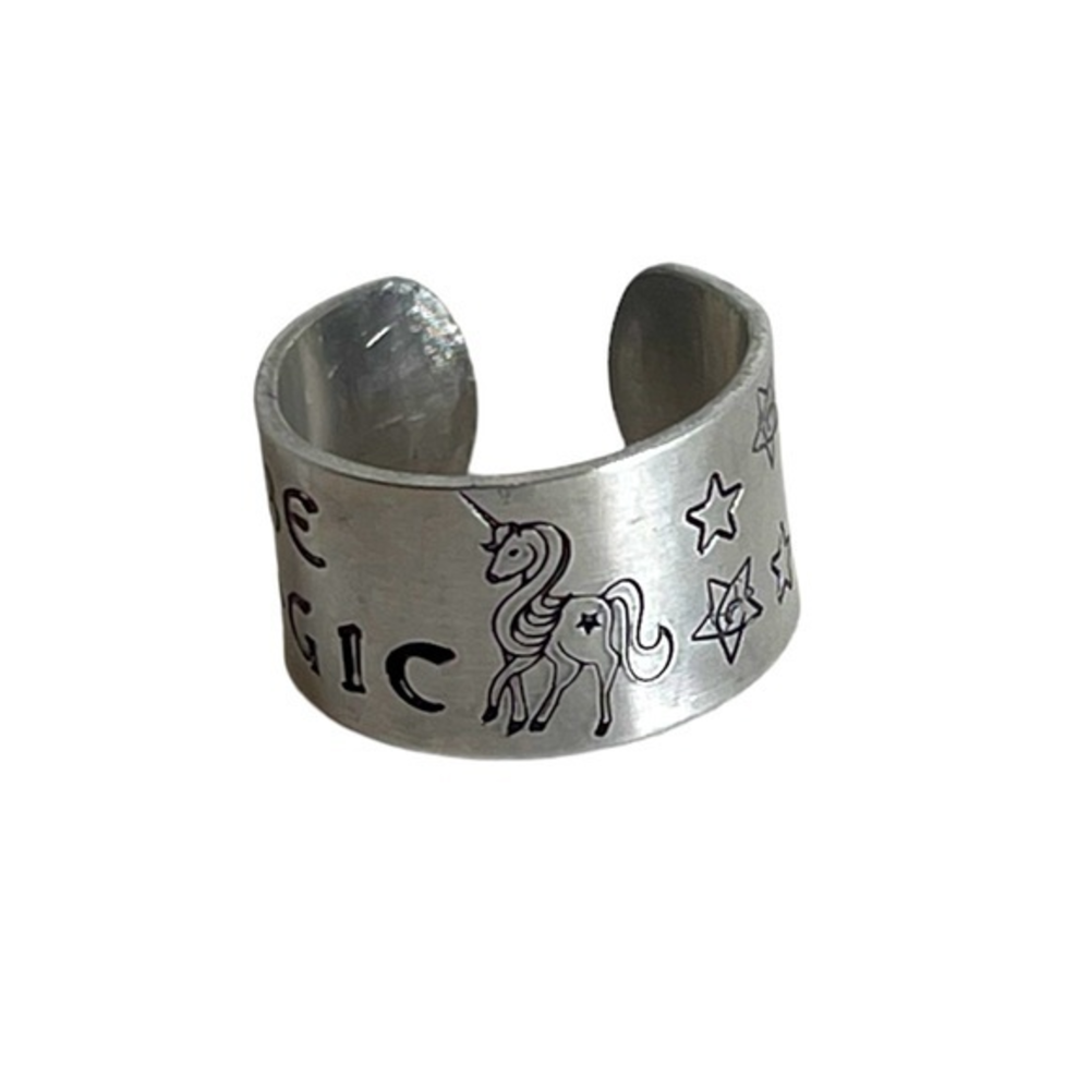 Handmade 8/9 stamped Be Magic unicorn & stars silver adjustable‎ wide cuff ring